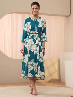 Libas - Teal Floral Printed Panelled A-Line Dress With Pocket And Waistbelt