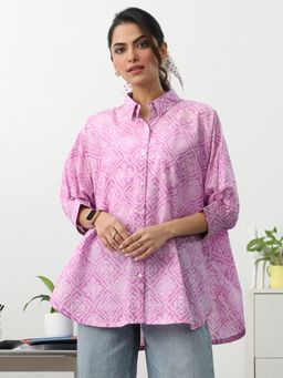 Gerua By Libas - Pink Bandhani Printed Shirt With Kimino Sleeve