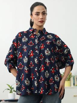 Gerua By Libas - Navy Blue Ethnic Printed Shirt With Kimino Sleeve
