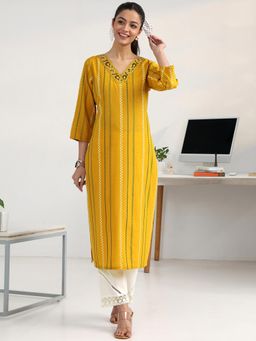 Gerua By Libas - Yellow Striped Woven Design Kurta