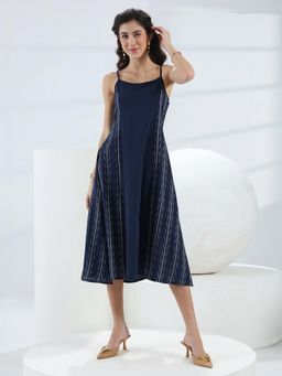 Gerua By Libas - Blue Ethnic Motif Woven Design A-Line Dress With Pocket