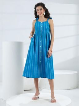 Gerua By Libas - Blue Striped Woven Design A-Line Dress With Pocket
