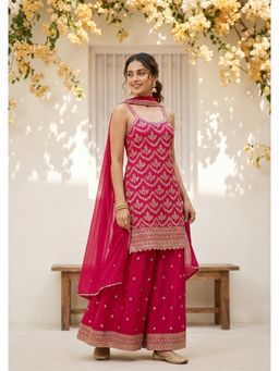 Koskii - Rani Pink Chinon Zariwork Kurta With Sharara And Dupatta