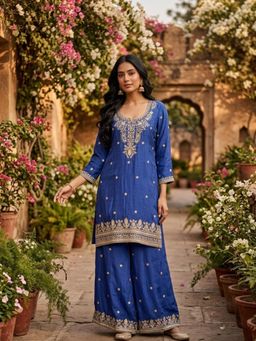 Koskii - Royal Blue Sequins Kurta With Sharara And Dupatta