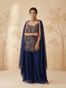 Koskii - Navy Blue Cutdana Georgette Kurta And Palazzo With Dupatta