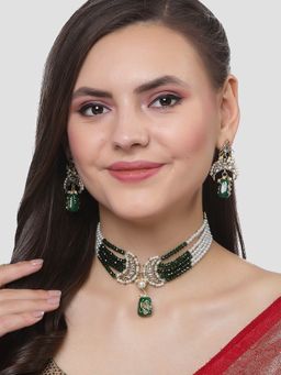 Karatcart - Gold Plated Green Tumble Beaded Choker Necklace Set for Women