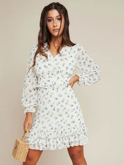 Styli - Beige Floral Print Ruffle Detail A-line Mini Dress