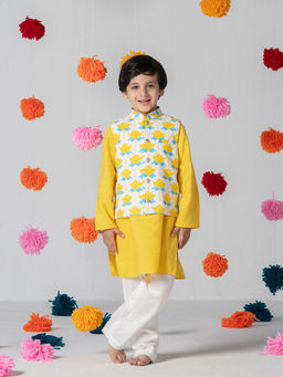 Spunkies - Boys Yellow Kurta with Pant and Lotus Print Jacket (Set of 3)