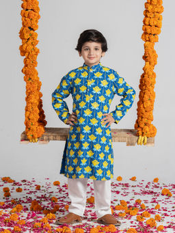 Spunkies - Boys Flower Design Kurta with Pant In Blue (Set of 2)