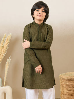Sanwara - Stylish Chikankari Embroidered Mehendi Green Kurta for Boys