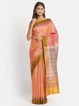 Fabindia - Orange Silk Hand Woven Saree without Blouse