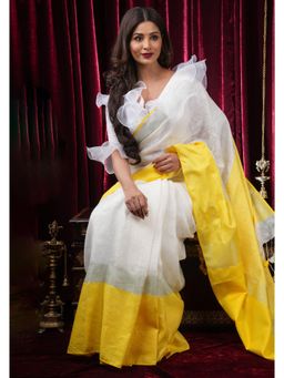 Shobitam - White And Yellow Wide Border Linen By Linen Saree With Unstitched Blouse