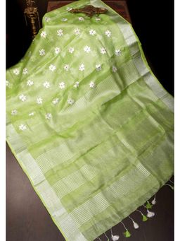 Shobitam - Parrot Green Linen Saree With Unstitched Blouse