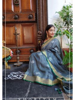 Shobitam - Kolam Linen Embroidery Saree With Unstitched Blouse