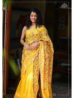 Shobitam - Silk Linen Floral Half Jaal Embroidered Saree With Unstitched Blouse