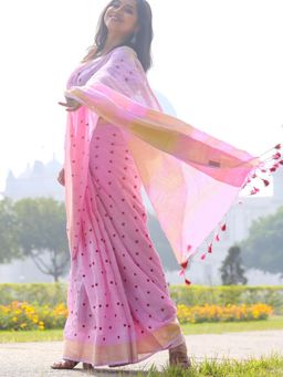 Shobitam - Loving Hearts Embroidered Pink Linen Saree With Unstitched Blouse