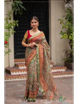 Shobitam - Distressed Kalamkari Digital Print Saree With Unstitched Blouse