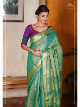 Shobitam - Rama Green And Gold Tissue By Linen Saree With Unstitched Blouse
