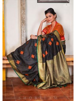 Shobitam - Black Linen By Linen Saree With Unstitched Blouse