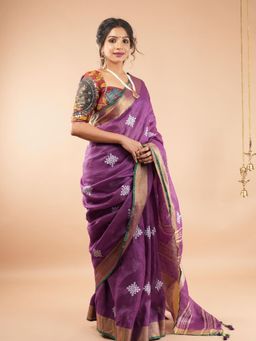 Shobitam - Kolam Design On Pure Linen By Linen Saree With Unstitched Blouse