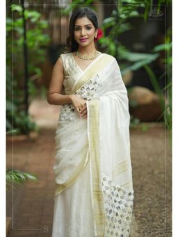 Shobitam - Cutwork And Mirror Work Linen By Line Saree With Unstitched Blouse