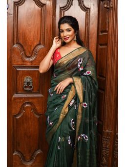 Shobitam - Hunter Green Silk Linen Saree With Unstitched Blouse