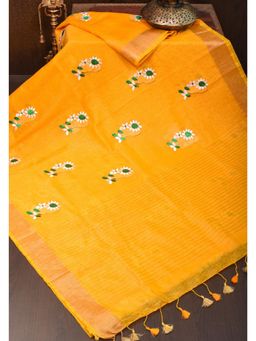Shobitam - Yellow Silk Linen Moti Nath Embroidered Saree With Unstitched Blouse
