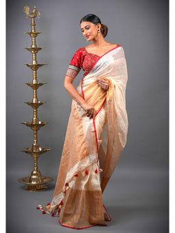 Shobitam - Ivory Ganga Jamuna Zari Border Pure Linen By Linen Saree With Unstitched Blouse