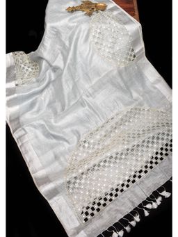 Shobitam - Cutwork And Mirror Work Tissue Linen Saree With Unstitched Blouse