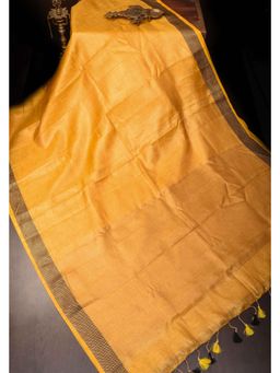 Shobitam - Mustard Yellow Tissue Linen Saree With Unstitched Blouse