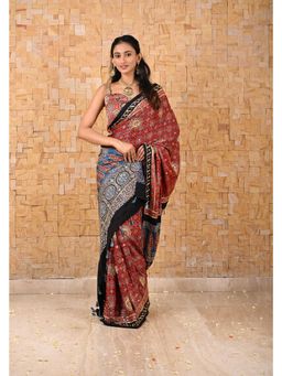 Shobitam - Full Handwork On Authentic Ajrakh Handblock Print Saree With Unstitched Blouse