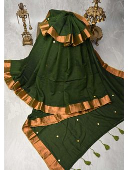 Shobitam - Deep Forest Green Bengal Cotton Saree With Unstitched Blouse