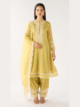 Basanti Kapde aur Koffee - Cotton Embroidered Mustard Kurta with Palazzo and Dupatta