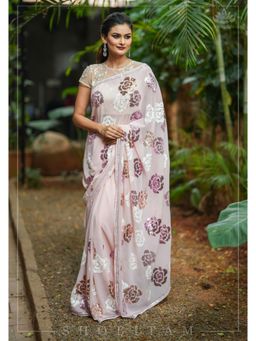 Shobitam - Georgette Rose Sequin Work Saree With Unstitched Blouse