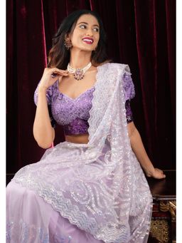 Shobitam - Swirls Design Dusty Pastel Lavender Net Saree With Unstitched Blouse
