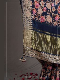 Shobitam - Navy Blue Gajji Silk Saree With Unstitched Blouse