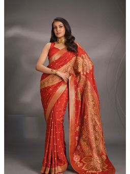 Shobitam - Burnt Orange Vegan Soft Silk Saree With Unstitched Blouse