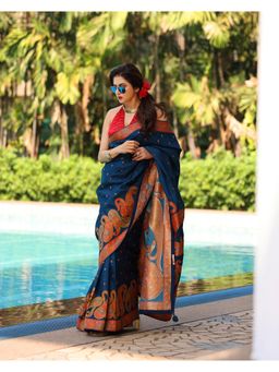 Shobitam - Prussian Blue Vegan Viscose Silk Saree With Unstitched Blouse