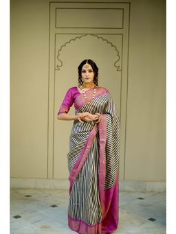 Shobitam - Black-Beige Jari Tussar Silk Saree With Unstitched Blouse