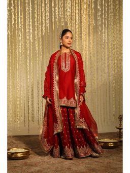 Sheetal Batra - Red Chanderi Silk Round Neck 1 Kurta With Sharara And Dupatta