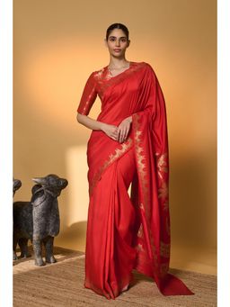 Masaba - Crimson Tijila Saree With Unstitched Blouse