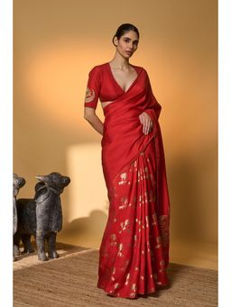 Masaba - Red Tropical Nandi Saree With Unstitched Blouse