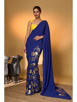 Masaba - Electric Blue Tropical Camera Saree With Unstitched Blouse
