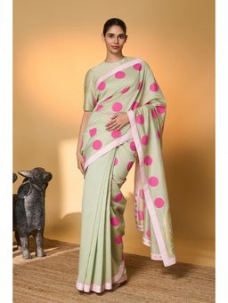 Masaba - Mint Rose Blush Polka Saree With Unstitched Blouse