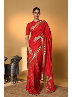 Masaba - Red Tropical Amber Arches Saree With Unstitched Blouse