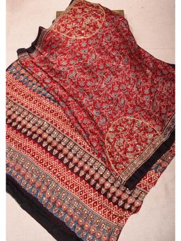 Shobitam - Red Ajrakh Hand Block Print On Modal Silk Saree With Unstitched Blouse