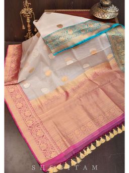 Shobitam - Pure Organza Banarasi Ivory Saree With Unstitched Blouse