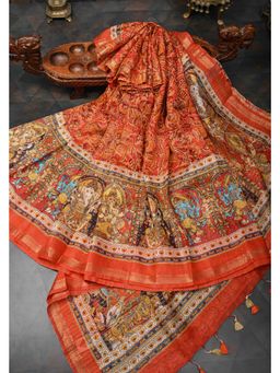 Shobitam - Ashta Ganapathi Kalamkari Digital Print Silk Linen Saree With Unstitched Blouse