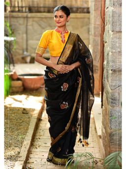 Shobitam - Annapakshi -The Divine Embroidered Black Silk Linen Saree With Unstitched Blouse