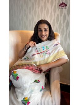 Shobitam - Holi Theme Embroidered Linen Saree With Unstitched Blouse
